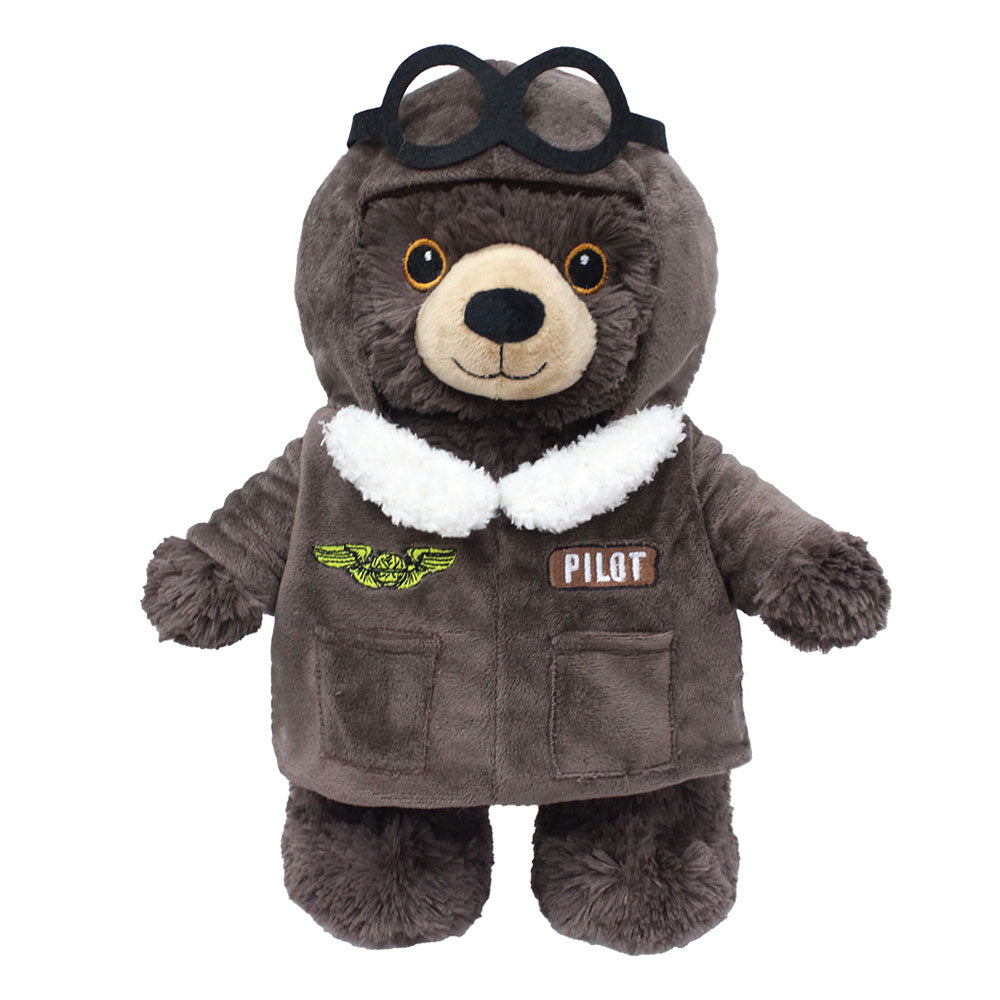 The Plush Aviator Outfit—a brown pilot jacket with white collar, embroidered wings, “PILOT” patch, and black aviator goggles—is the perfect aviator ensemble for your stuffed animals.