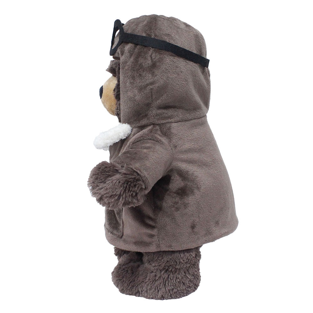 The Plush Aviator Outfit features a brown hooded coat, black-rimmed glasses, and a white scarf, creating a charming pilot costume for plush toys.