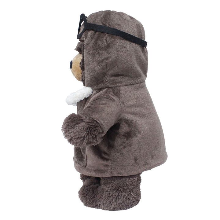 The Plush Aviator Outfit features a brown hooded coat, black-rimmed glasses, and a white scarf, creating a charming pilot costume for plush toys.