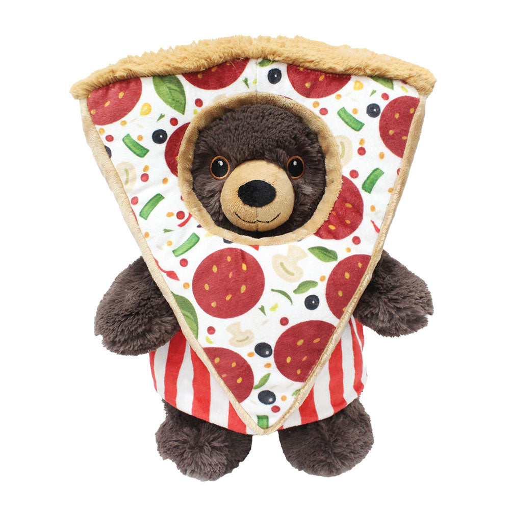 A plush brown teddy bear wears the Plush Pizza Outfit, featuring colorful pepperoni and veggie toppings, with its face peeking through the center. Red and white stripes decorate the lower half for added charm.