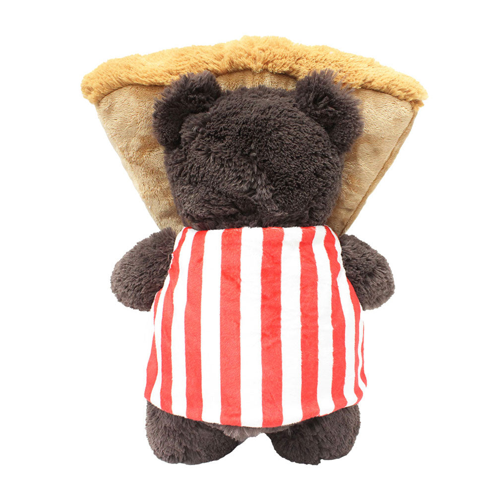 A plush toy bear wears the Plush Pizza Outfit—a red and white striped costume with a soft, tan, pie-shaped cushion on its back, giving it a fun pizza slice look.