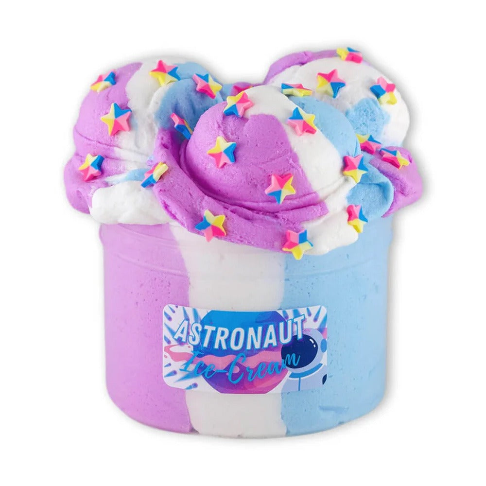 Astronaut Ice-Cream Slime: pastel pink, white, and blue whipped slime in a jar, topped with star-shaped sprinkles—perfect for sensory play and inspired by classic astronaut ice cream.