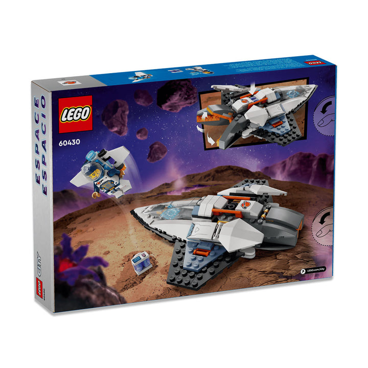 The LEGO Interstellar Spaceship (set 60430) box features a white and gray spacecraft, an astronaut minifigure, and a small robot against a rocky space backdrop with asteroids and planets—making it the perfect addition to any space adventure toy collection.