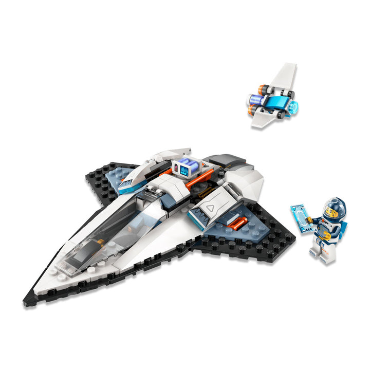 Blast off on an intergalactic adventure with the LEGO Interstellar Spaceship, an exhilarating space-themed toy that includes a stylish white and black spaceship, a compact drone, and a minifigure dressed in a blue spacesuit holding a translucent blue tablet. This educational building set is ideal for sparking creativity and imaginative play in aspiring young astronauts.