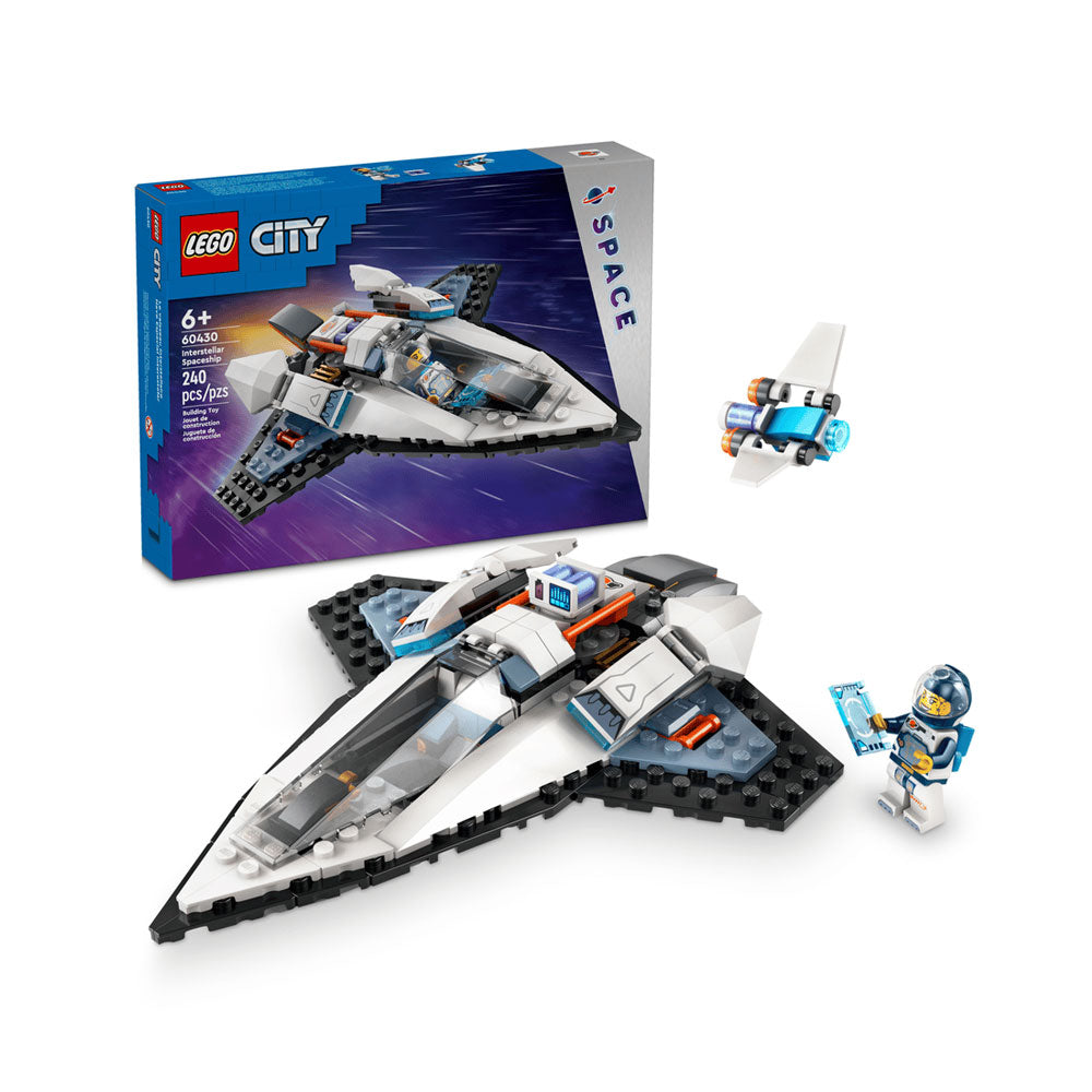 Embark on an exciting journey with the LEGO Interstellar Spaceship, an educational building set featuring a detailed spaceship, astronaut minifigure, and fun accessories. Designed to inspire thrilling space adventures, this set includes 240 pieces and is perfect for ages 6 and up. The box highlights the fully assembled LEGO Interstellar Spaceship along with all its imaginative details.