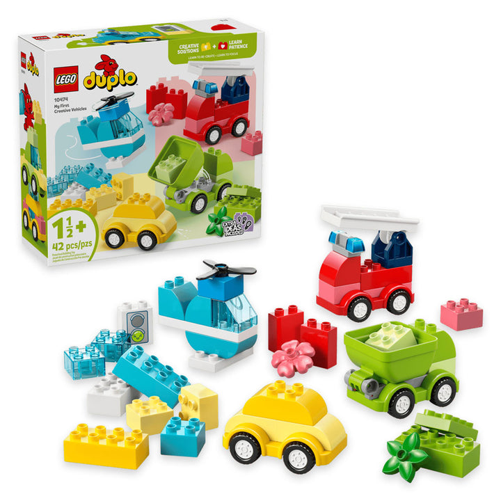 LEGO DUPLO Creative Vehicles set includes colorful blocks, creative vehicle builds like cars and a helicopter, and fun accessories. This toddler building set comes in a box featuring suggested builds for ages 1.5 and up, with various vehicles and pieces displayed on the front.