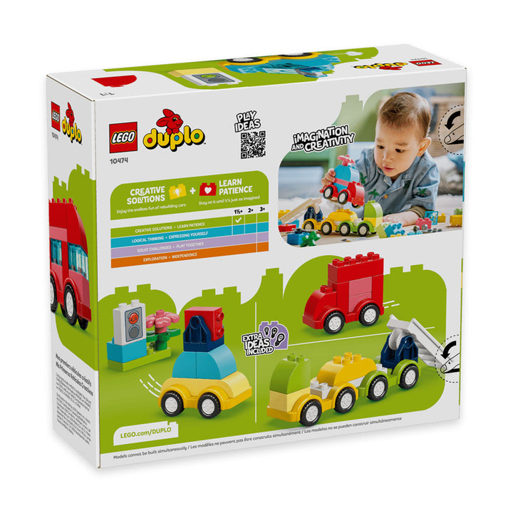 Back of LEGO DUPLO Creative Vehicles box showing a child playing with colorful vehicles, a traffic light, a gas pump, and city scenery. This toddler building set encourages creativity, learning, and imagination.