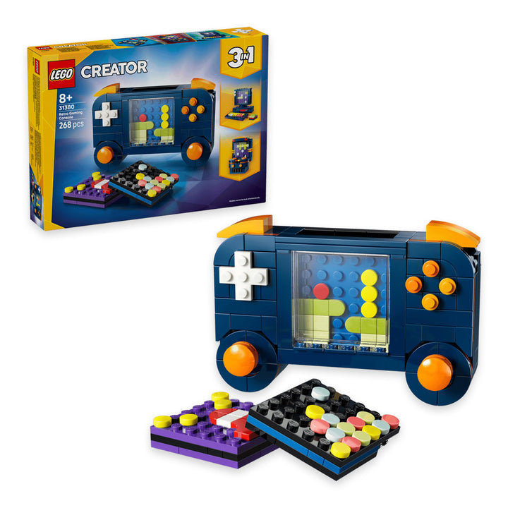 LEGO Retro Gaming Console is a Creator 3 in 1 set featuring a buildable handheld console with colorful buttons and a screen made from LEGO pieces, along with two flat game boards and a box highlighting its three possible builds. Build, rebuild, and discover more creative possibilities using the LEGO Builder app.