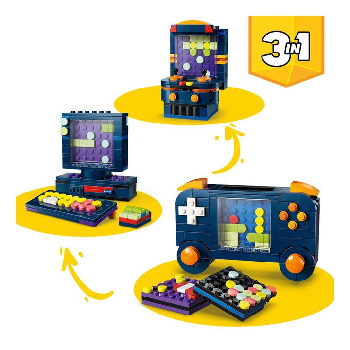 Three colorful LEGO builds—a retro gaming console, an arcade machine, and a handheld device—are showcased on yellow circles, with arrows connecting them to highlight the exciting 3-in-1 building options of the LEGO Retro Gaming Console set. Bring your creations to life and discover even more possibilities with the interactive LEGO Builder app.