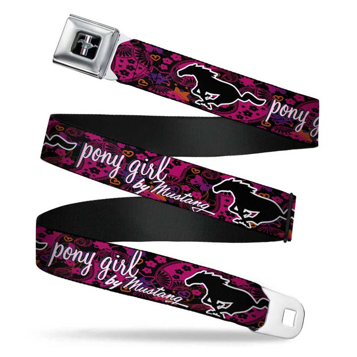 Introducing the Ford Mustang Emblem Ladies Seatbelt Belt, a chic accessory featuring a pink and purple floral print with galloping horse silhouettes and “pony girl by Mustang” text repeating along its length.