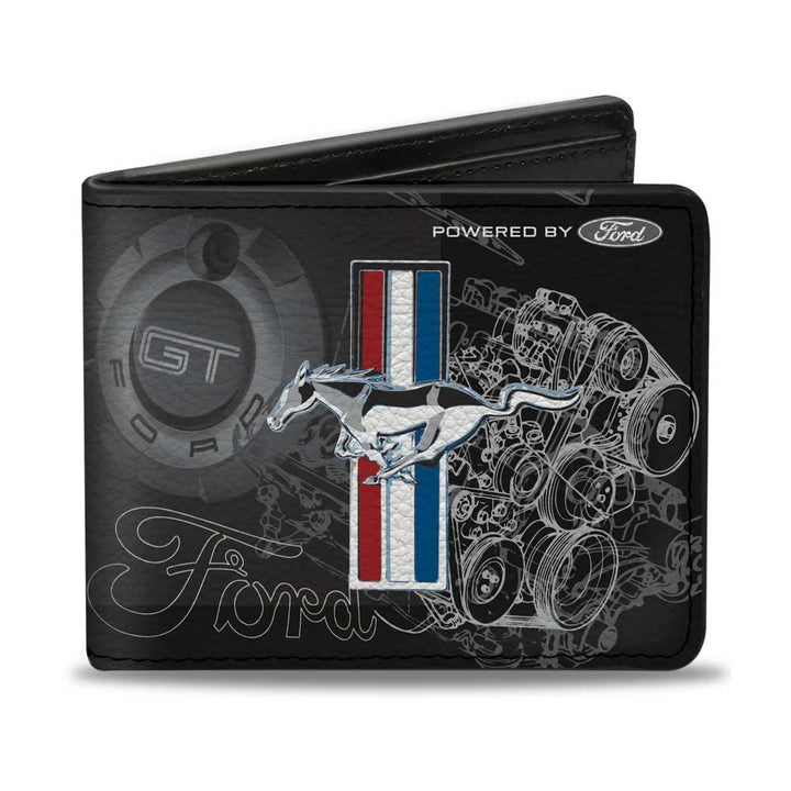 Introducing the Ford Mustang Tri-Bar Stripe GT Motor Blueprint Wallet—a must-have accessory for any Mustang enthusiast. Crafted from black vegan leather, this wallet showcases the legendary Mustang tri-bar logo with galloping horse, distinctive red, white, and blue stripes, detailed engine sketches, and bold “Powered by Ford” and “GT Ford” text—making it the perfect gift for any Mustang fan.
