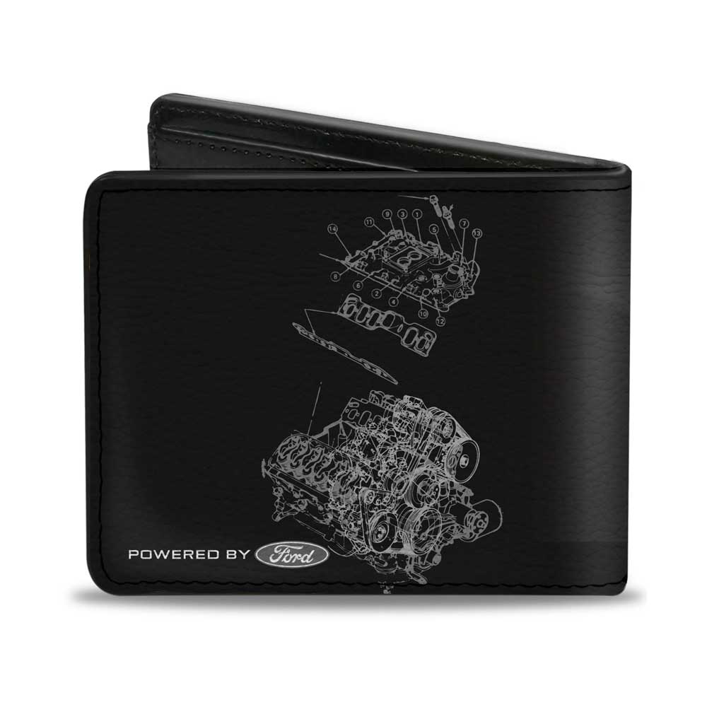 Introducing the Ford Mustang Tri-Bar Stripe GT Motor Blueprint Wallet—a black vegan leather wallet showcasing a detailed white technical drawing of a Ford engine assembly, complete with the “Powered by Ford” text and the iconic Ford logo at the bottom. This makes it an ideal gift for any Mustang fan and a must-have accessory for enthusiasts.