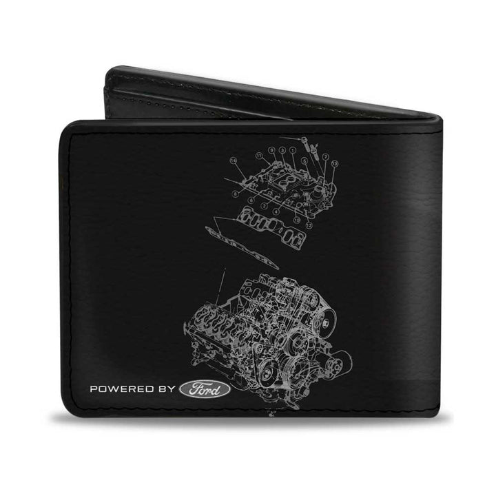 Introducing the Ford Mustang Tri-Bar Stripe GT Motor Blueprint Wallet—a black vegan leather wallet showcasing a detailed white technical drawing of a Ford engine assembly, complete with the “Powered by Ford” text and the iconic Ford logo at the bottom. This makes it an ideal gift for any Mustang fan and a must-have accessory for enthusiasts.