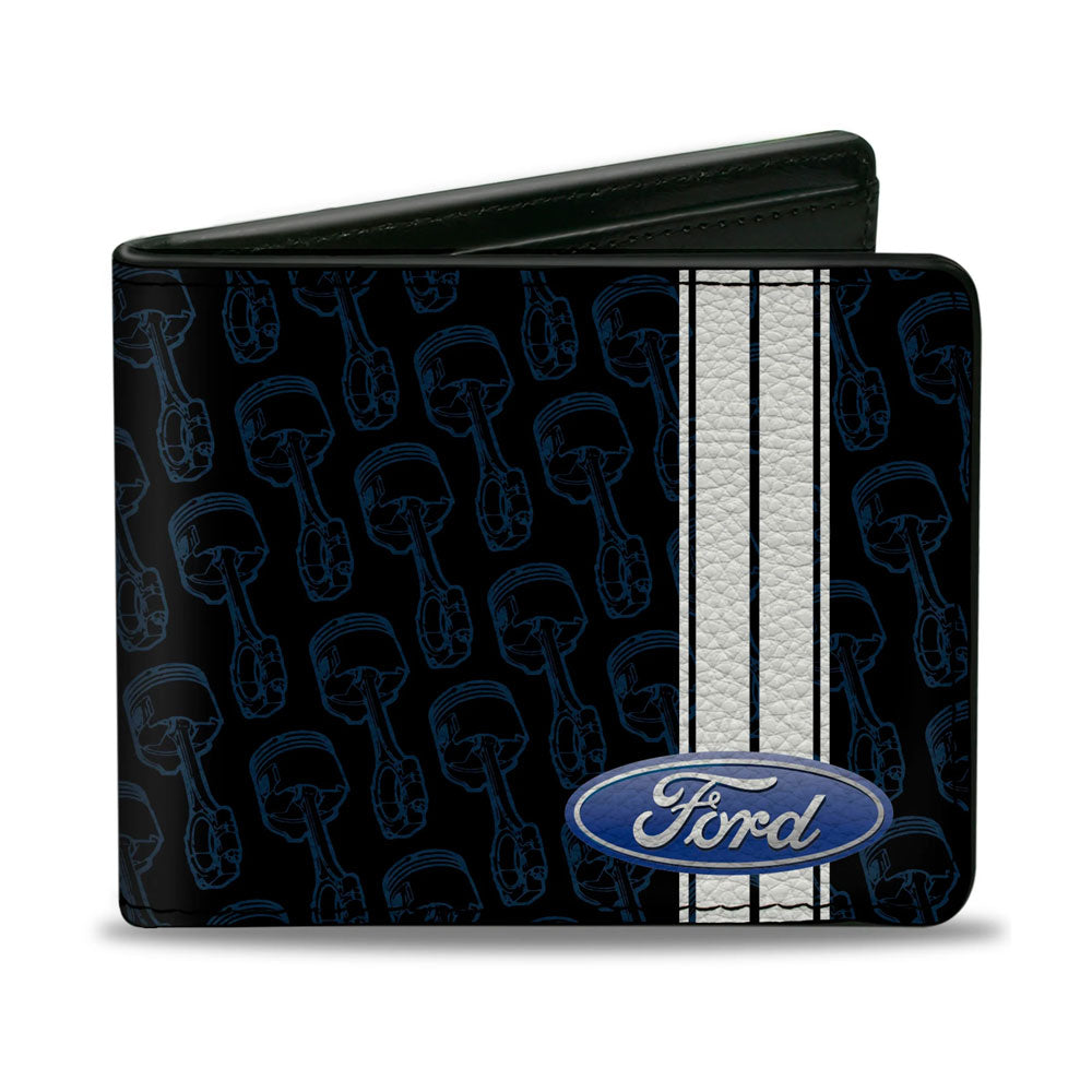 The Ford Oval Stripe Wallet is a black vegan leather wallet featuring blue piston illustrations, two vertical white stripes, and a blue Ford logo on the bottom right corner—an officially licensed accessory that’s perfect for car enthusiasts.