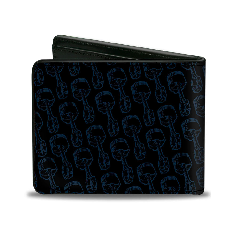A black vegan leather Ford Oval Stripe Wallet features a repeating blue outline pattern of a piston and crankshaft design, photographed on a white background. This officially licensed accessory blends automotive-inspired style with eco-friendly materials, making it the perfect choice for Ford enthusiasts.