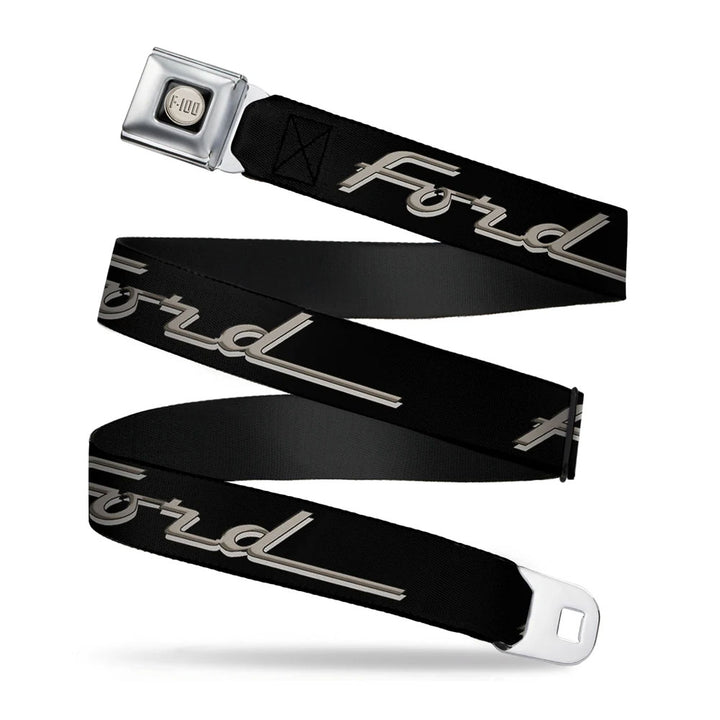 A Ford F-100 Logo Seatbelt Belt, featuring a black strap with “Ford” in silver script and a durable automotive-style buckle labeled “F-100,” is coiled neatly against a white background.