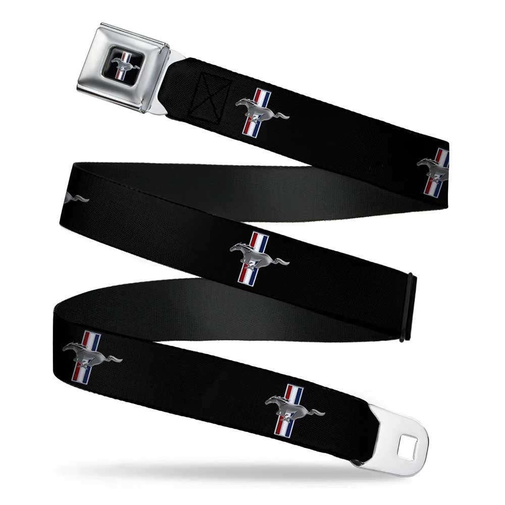 The Ford Mustang Emblem Seatbelt Belt is a black belt featuring the iconic Mustang emblem and tri-color stripes, finished with a metallic buckle and clasp—an essential automotive fashion accessory for enthusiasts.