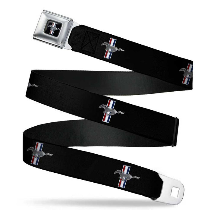 The Ford Mustang Emblem Seatbelt Belt is a black belt featuring the iconic Mustang emblem and tri-color stripes, finished with a metallic buckle and clasp—an essential automotive fashion accessory for enthusiasts.
