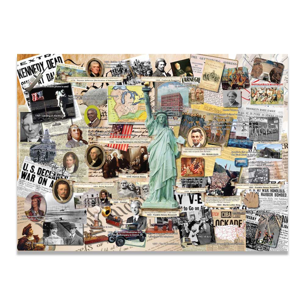 The We The People 1000pc Jigsaw Puzzle is a collage featuring the Statue of Liberty surrounded by images and symbols from American history—a fun and educational puzzle suitable for all ages.