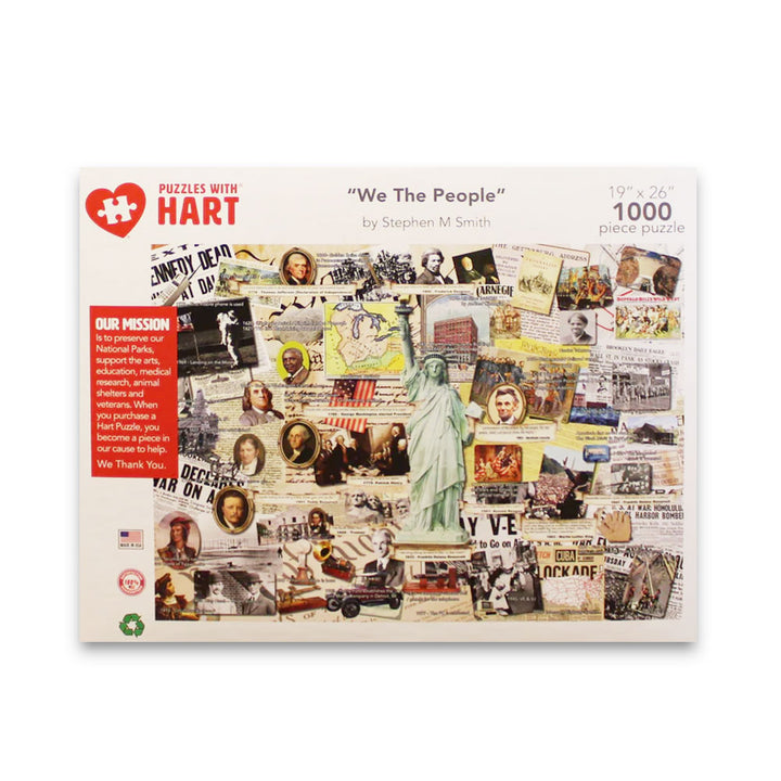 We The People 1000pc Jigsaw Puzzle showcases a collage of American history, the Statue of Liberty at the center, and a red mission statement on the left, celebrating iconic New York landmarks in an educational way.