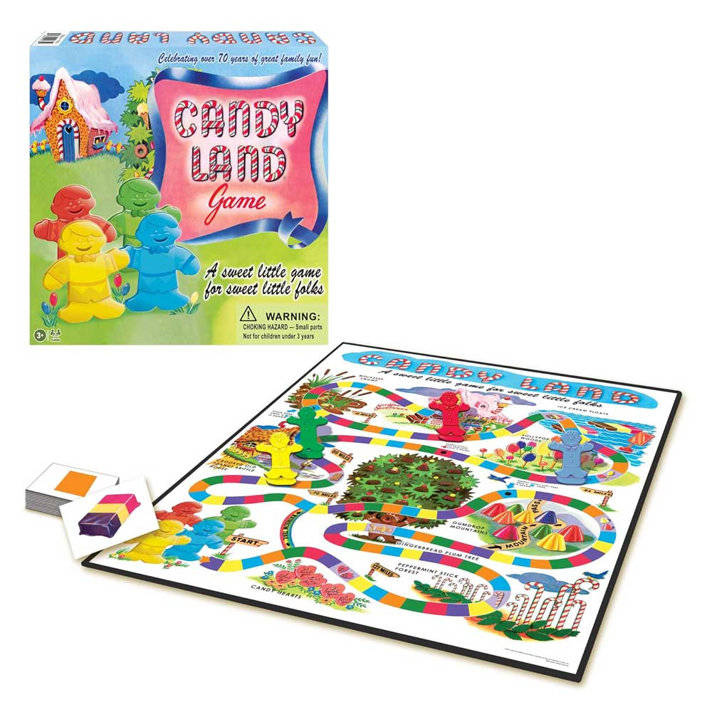 The Candy Land Classic Edition includes the game box, colorful gingerbread pawns, cards, and a vibrant board with a sweet-themed path—perfect for kids.