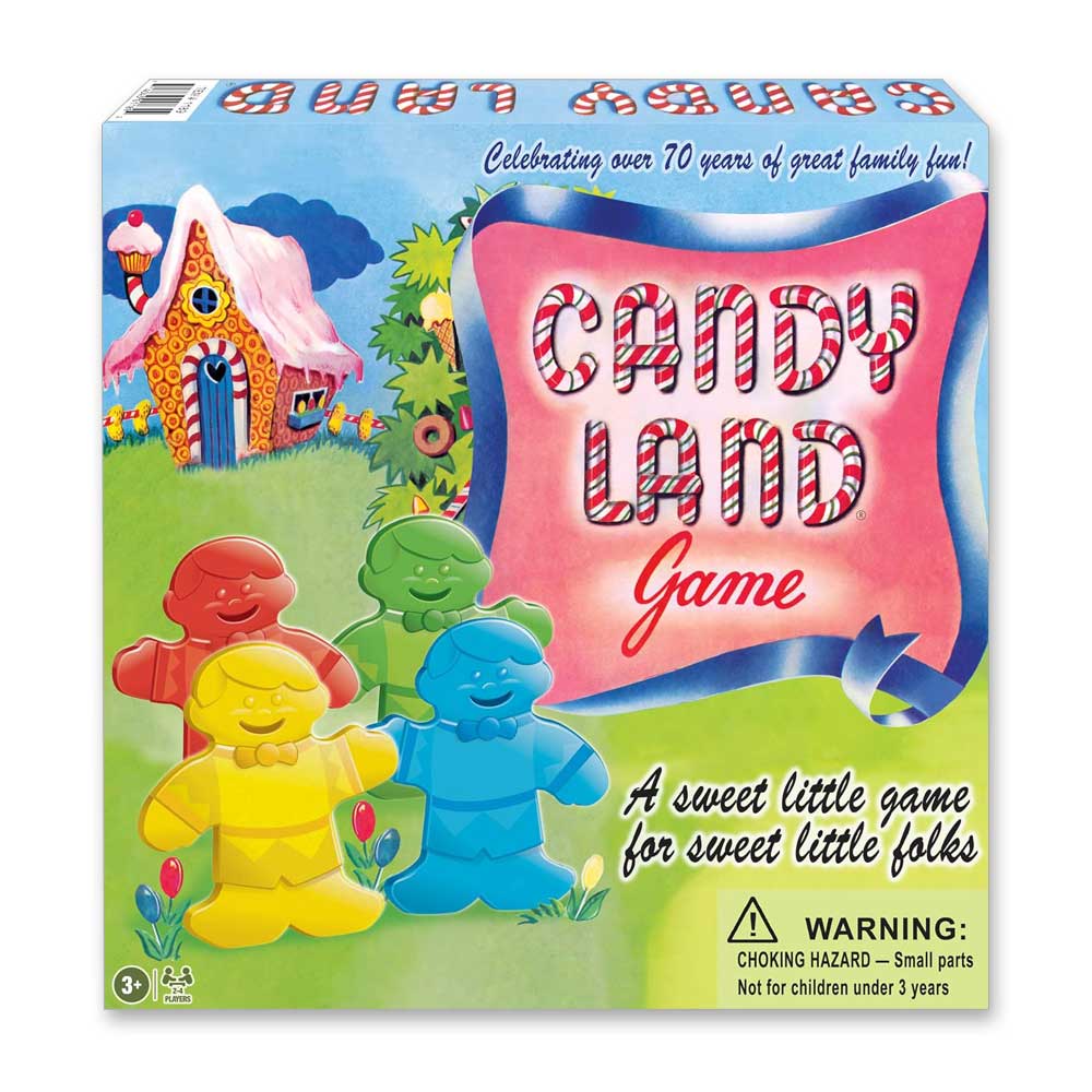 The Candy Land Classic Edition board game box features four colorful gingerbread characters, a candy house, playful text, and a warning that small parts can be a choking hazard for children under 3 years.
