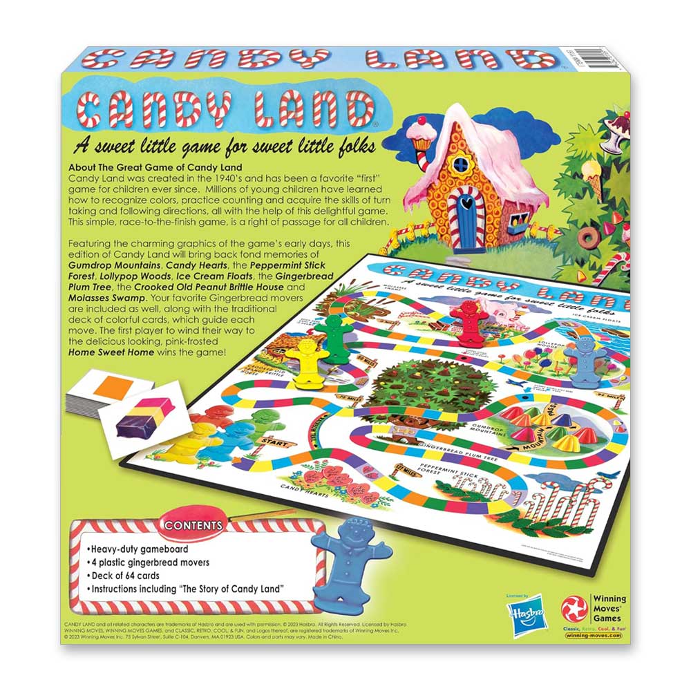 The back of the Candy Land Classic Edition box displays the colorful board, gingerbread men pieces, a description of this classic kids game, and all included game contents.