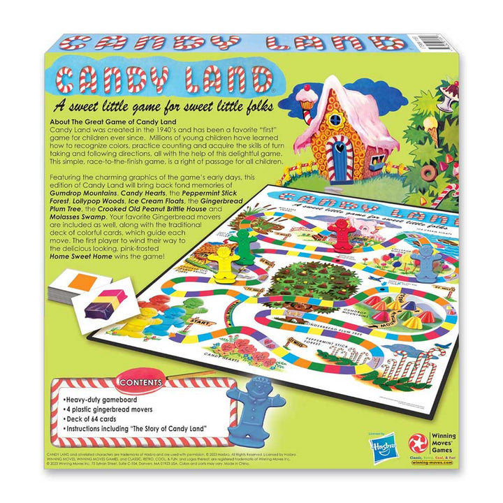 The back of the Candy Land Classic Edition box displays the colorful board, gingerbread men pieces, a description of this classic kids game, and all included game contents.