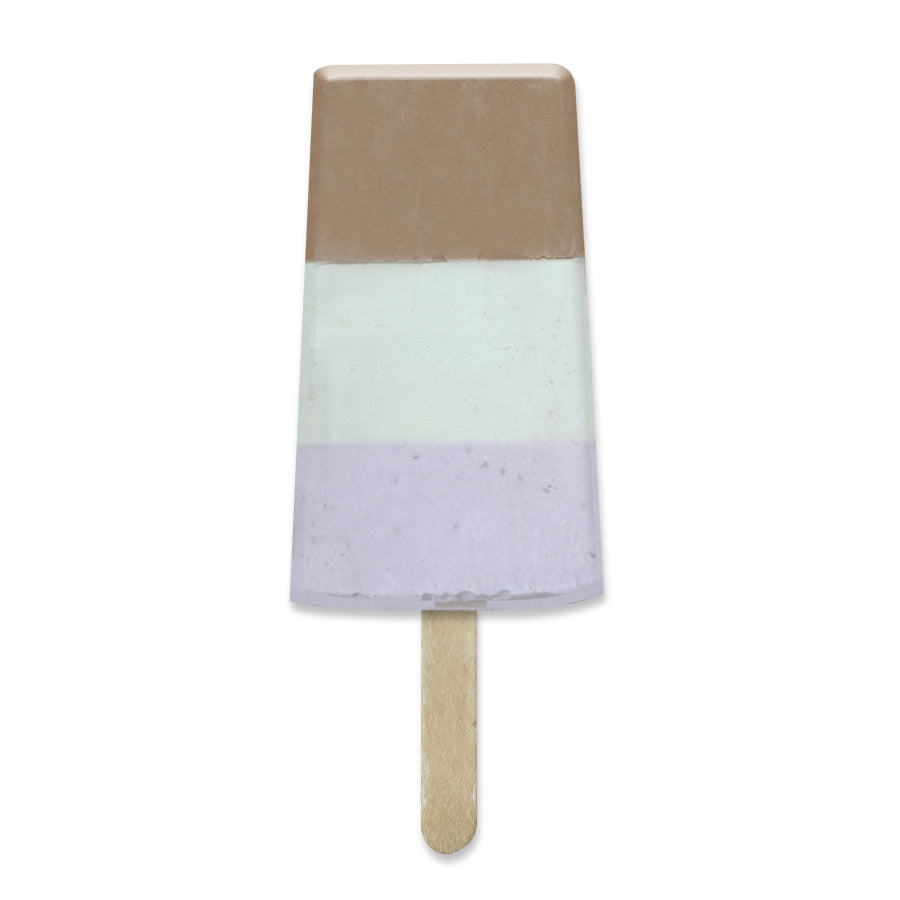 A Space Pops Freeze Dried Neopolitan Ice Creamy Pop featuring brown, white, and purple layers stands on a wooden stick against a white background, offering a playful space-themed treat ready to transport your taste buds out of this world.