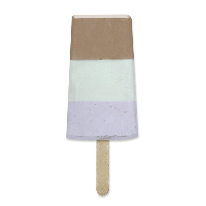 A Space Pops Freeze Dried Neopolitan Ice Creamy Pop featuring brown, white, and purple layers stands on a wooden stick against a white background, offering a playful space-themed treat ready to transport your taste buds out of this world.