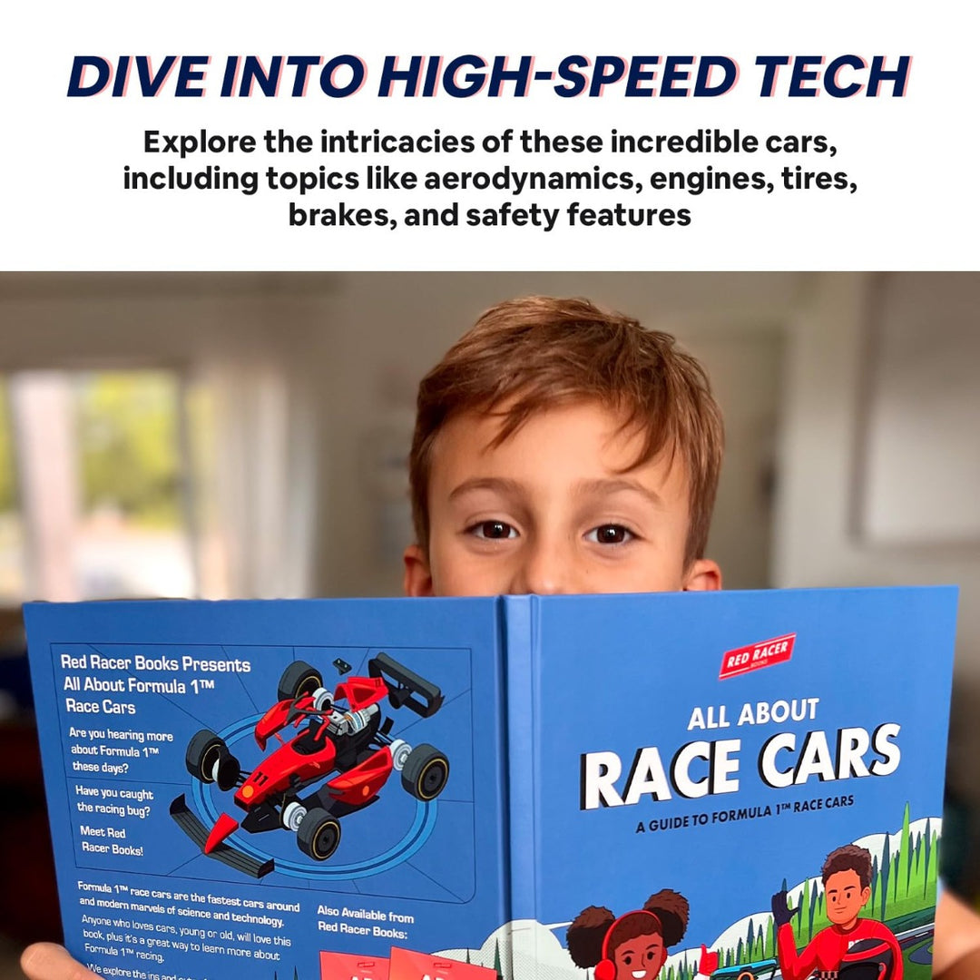 A brown-haired boy holds up "All About Race Cars – A Guide to Formula 1 Race Cars," its cover showing cartoon drivers and F1 cars. Blurred background; text highlights STEM facts about high-speed car technology for kids.