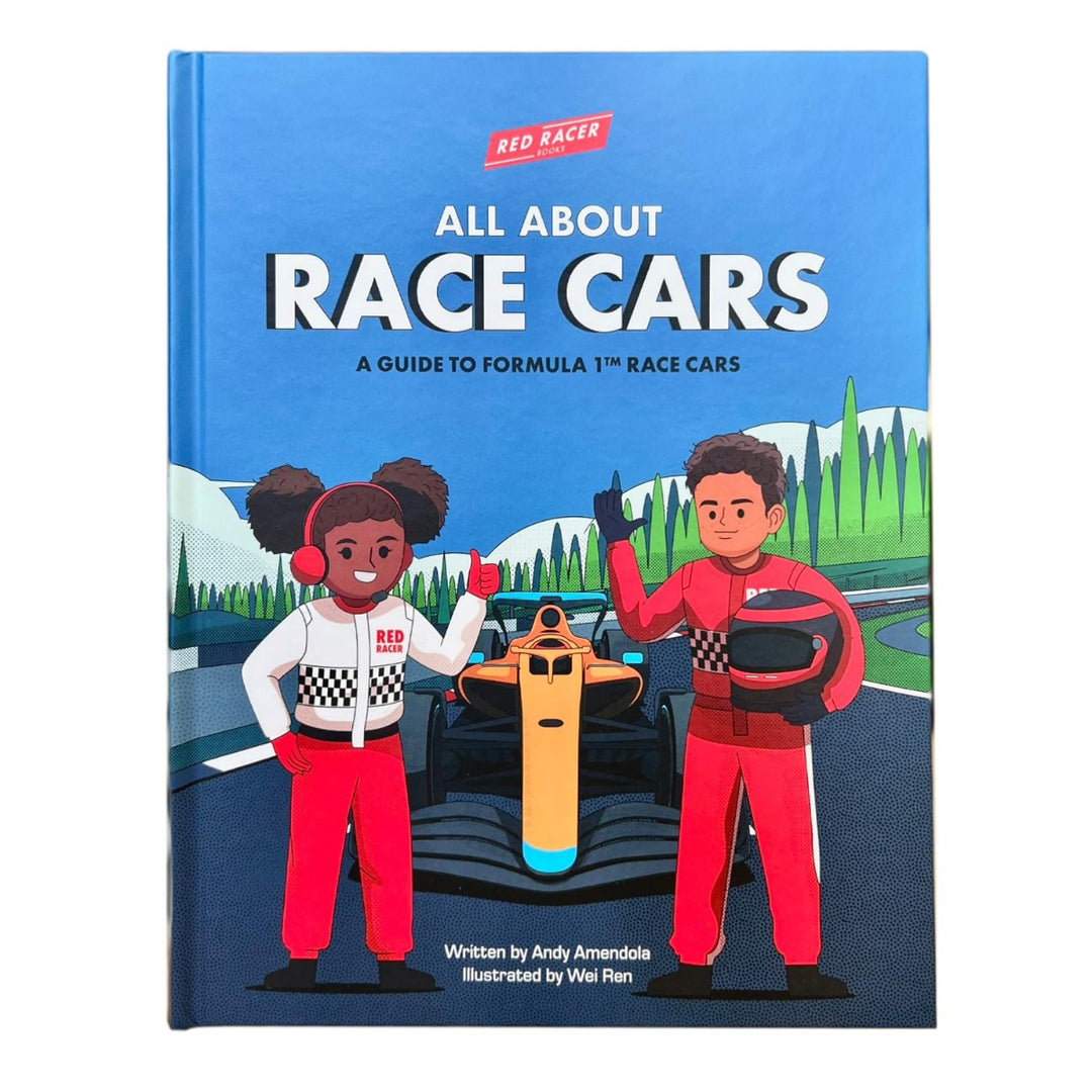 All About Race Cars - A Guide to Formula 1 Race Cars is a children’s book with illustrated racers in suits by a yellow F1 car on a treelined track, featuring fun STEM facts for kids throughout.