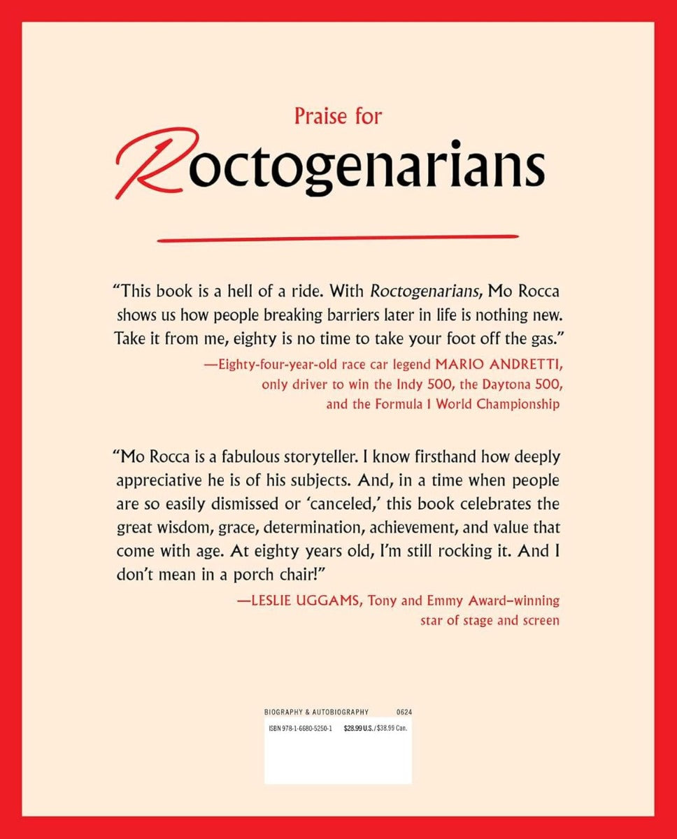 A book page highlights praise for *Roctogenarians: Late in Life Debuts, Comebacks, and Triumphs* by Mo Rocca, with quotes from Mario Andretti and Leslie Uggams in red and black on a beige background with a red border.