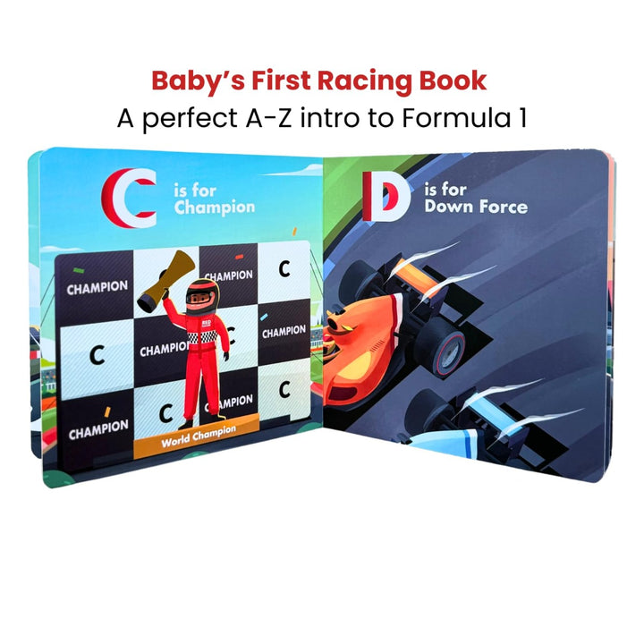 ABCs of Racing: Baby’s First Formula 1 Board Book is a colorful alphabet board book for toddlers, introducing racing with fun illustrations—like champions on the podium and race cars—each letter accompanied by themed captions.