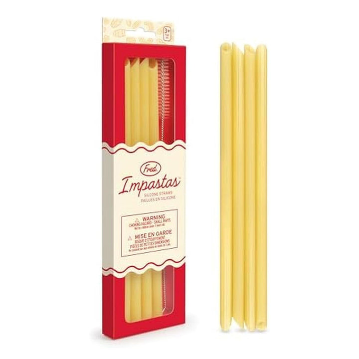 A red and cream Impasta Straws box contains yellow reusable silicone straws designed to resemble uncooked pasta, with four eco-friendly straws displayed outside the packaging.