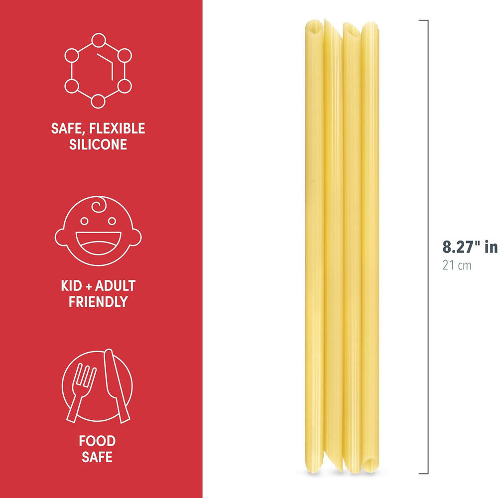 Three yellow Impasta Straws stand upright beside icons and text highlighting that they are safe, flexible, kid- and adult-friendly, and food safe. These eco-friendly reusable silicone straws measure 8.27 inches (21 cm) tall, making them a sustainable choice for any beverage.