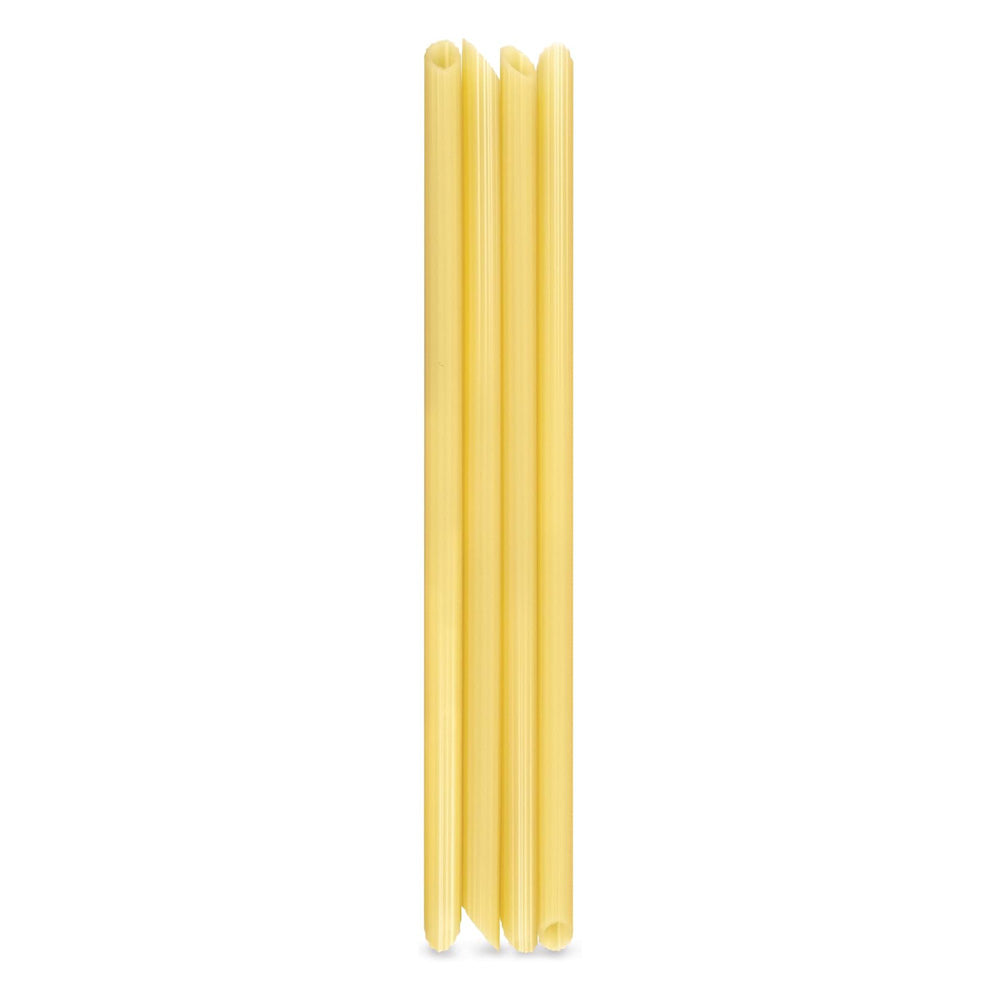Three uncooked Impasta Straws stand vertically side by side on a white background, their simple, functional design resembling eco-friendly or reusable straws.