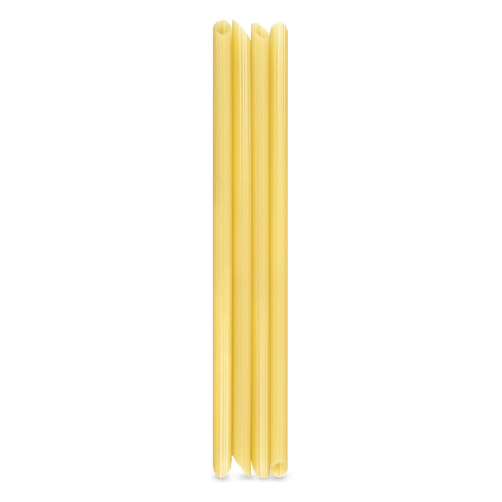Three uncooked Impasta Straws stand vertically side by side on a white background, their simple, functional design resembling eco-friendly or reusable straws.