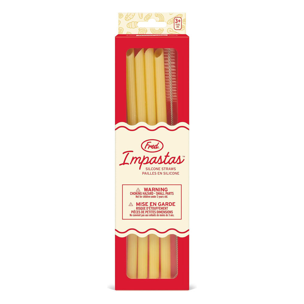 A red and cream box of Impasta Straws, featuring five eco-friendly yellow silicone straws designed to look like pasta noodles, visible through a clear window.