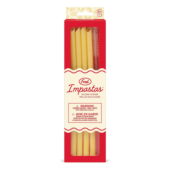 A red and cream box of Impasta Straws, featuring five eco-friendly yellow silicone straws designed to look like pasta noodles, visible through a clear window.
