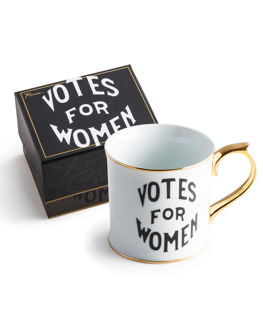 The Votes for Women Mug, inspired by the Seneca Falls Convention, features bold black lettering, a gold handle and rim, and comes with a matching gift box displaying the same empowering phrase.