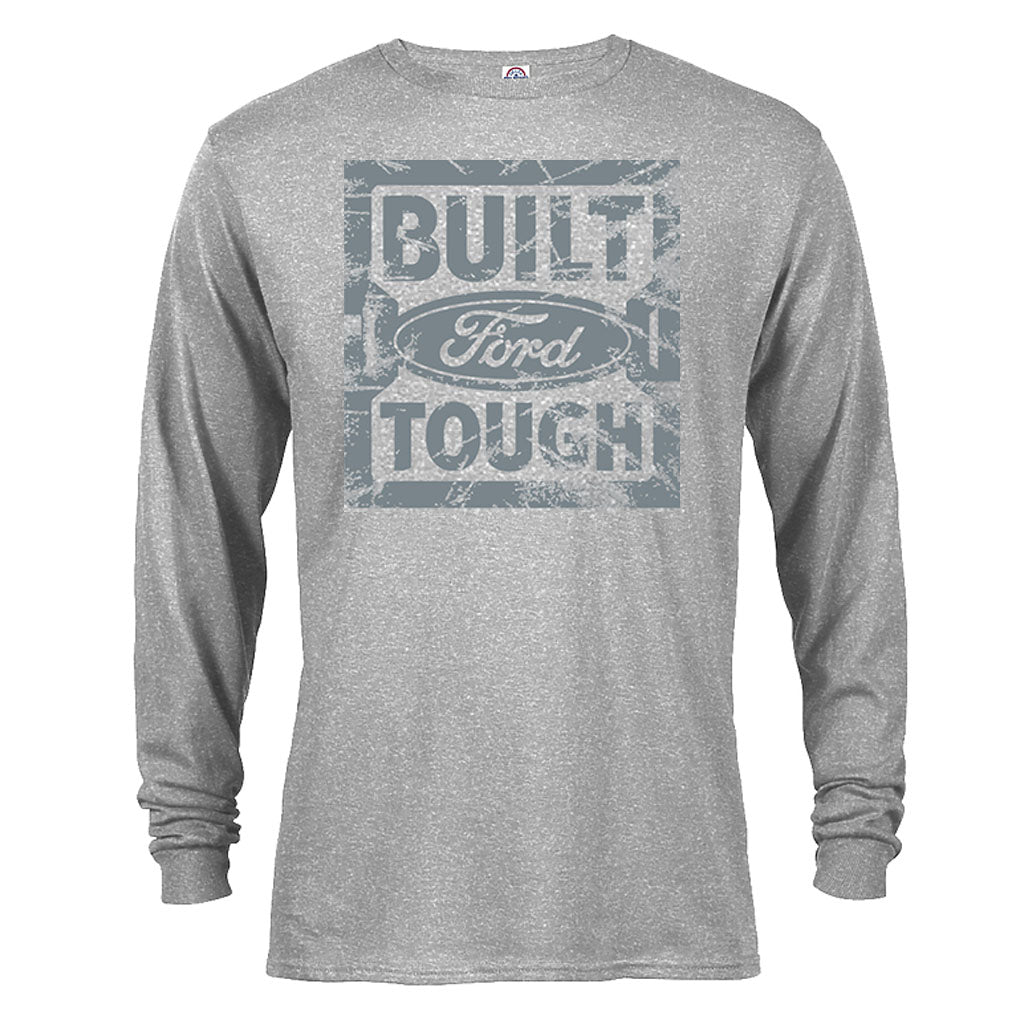 The Built Ford Tough Long Sleeve T-Shirt is a gray, long-sleeve tee with a distressed graphic of the words "Built Ford Tough" and the classic Ford logo in the center.