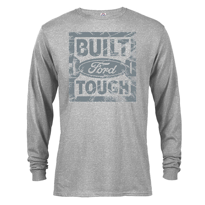 The Built Ford Tough Long Sleeve T-Shirt is a gray, long-sleeve tee with a distressed graphic of the words "Built Ford Tough" and the classic Ford logo in the center.
