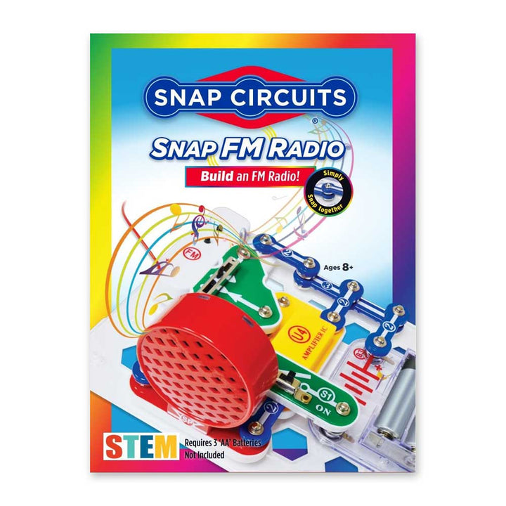 FM Radio STEM Kit box featuring a partially assembled FM radio with colorful circuit components. The packaging displays the phrases “Build an FM Radio!” and “STEM.” This interactive electronics learning kit is ideal for ages 8 and up and requires 3 AA batteries (not included).