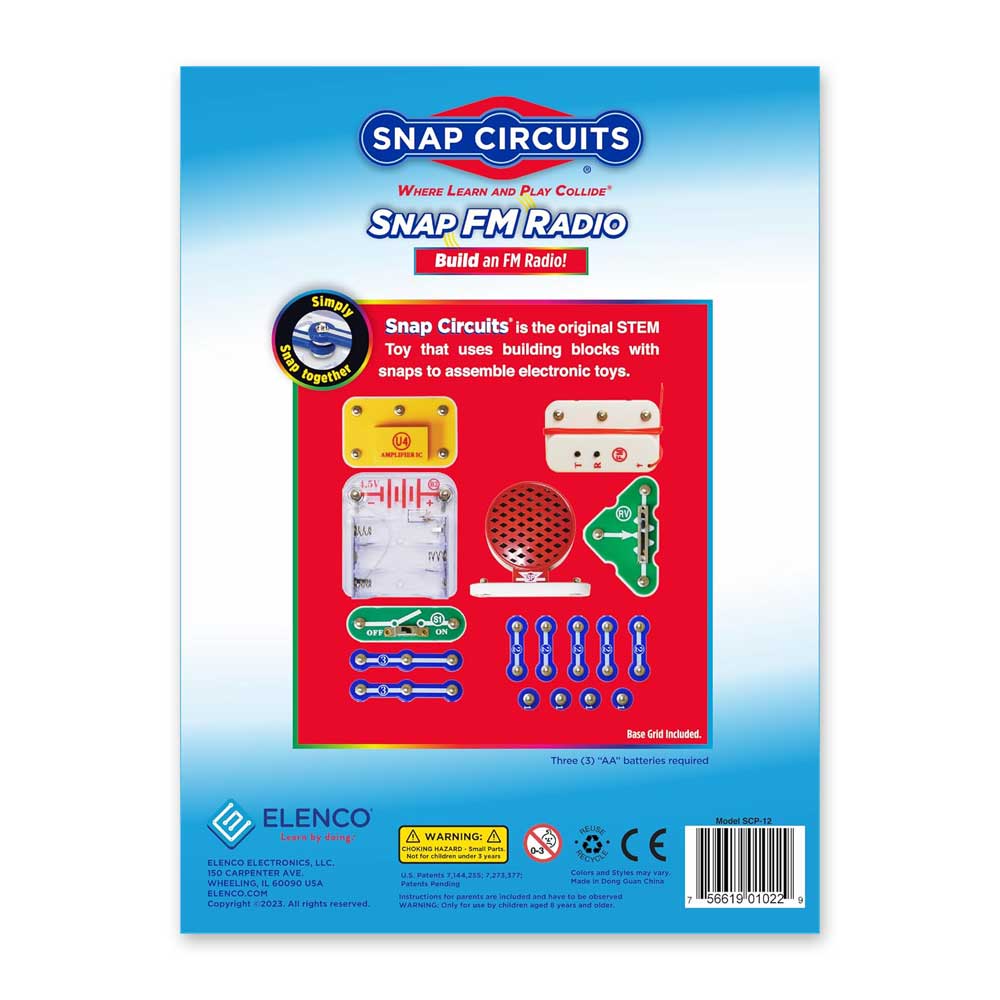 FM Radio STEM Kit box, featuring an engaging electronics learning kit with electronic components and parts layout on a blue background, along with product information and warnings at the bottom.