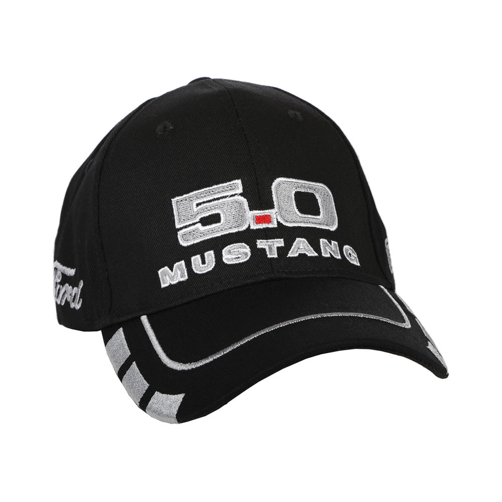 The 5.0 Ford Mustang Hat features “5.0 MUSTANG” embroidered in white and gray on the front, silver stripes on the brim, and “Ford” text on the side—making it an essential addition to your Ford Mustang accessories collection.
