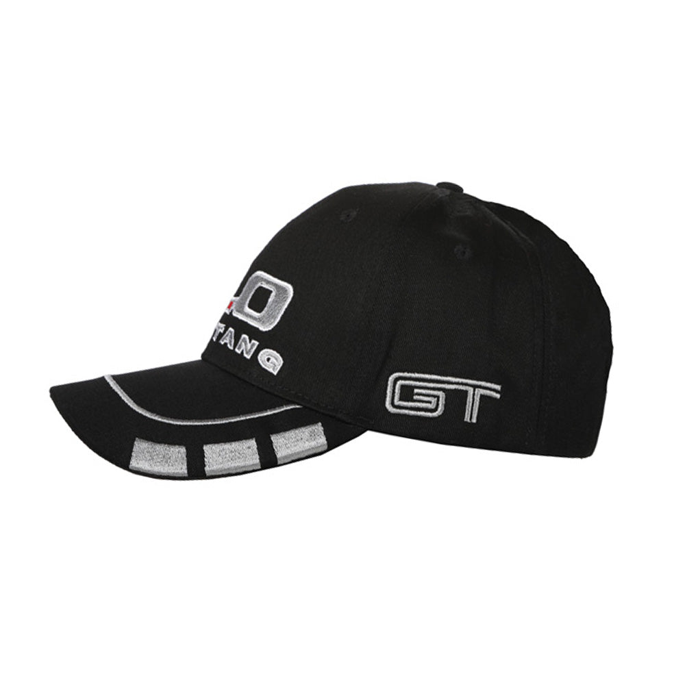 The 5.0 Ford Mustang Hat features “5.0 MUSTANG” and “GT” embroidered in white and silver on the front and side, along with silver detailing on the brim—a perfect addition to any collection of Ford Mustang accessories.