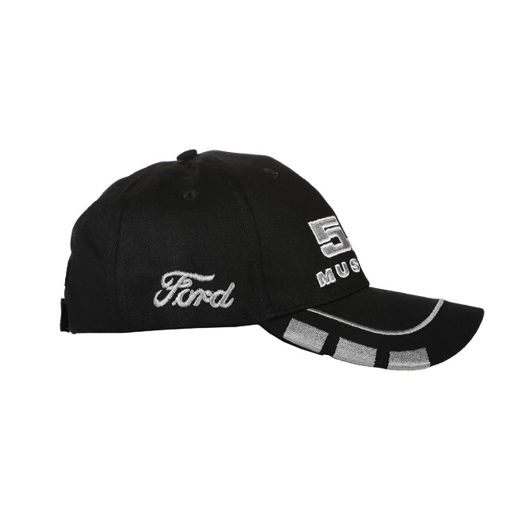 The 5.0 Ford Mustang Hat is a black baseball cap with Ford script on the side and bold 5.0 Mustang text on the front, accented by silver detailing along the brim—making it an essential addition to any collection of Ford Mustang accessories.