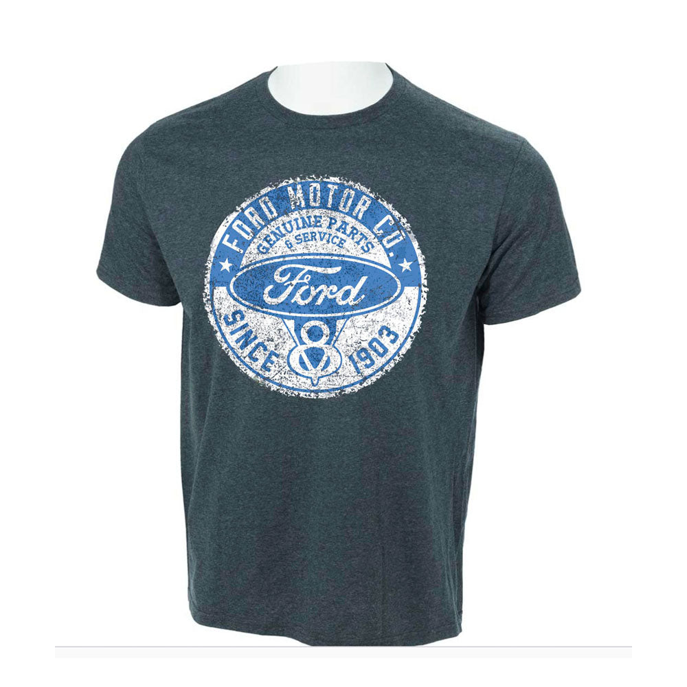 Ford Service Vintage T-Shirt in dark gray, featuring a white, vintage-inspired “Ford Motor Co. Genuine Parts & Service Since 1903” logo on the front that pays homage to classic automotive history. Displayed on a headless mannequin.