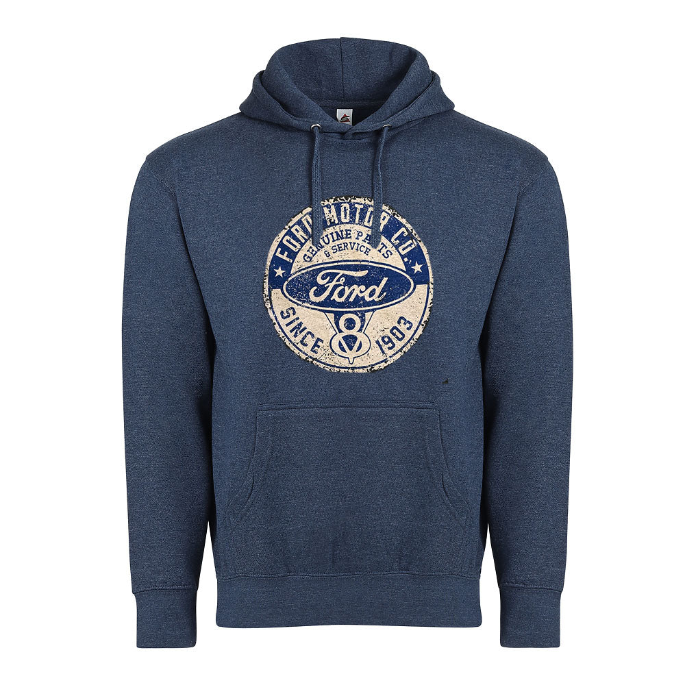 Vintage Ford Service Hooded Sweatshirt in blue with a front pocket. The chest displays a vintage-style circular Ford Motor Co. logo in beige and navy, featuring the phrases “Genuine Parts” and “Since 1903.” Ideal for automotive enthusiasts, this sweatshirt blends classic style with lasting comfort—an essential piece of automotive history apparel.